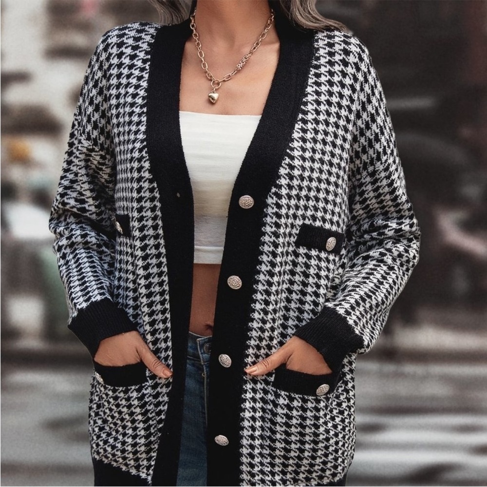 Black‎ and White Houndstooth Oversized Cardigan Sweater